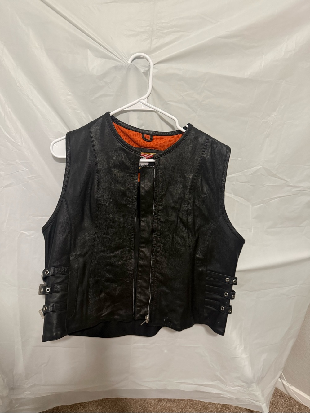 Women's XL Black Leather Vest with Orange Lining